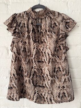 1.STATE Snake Print Smocked Neck Ruffle Sleeve Blouse Medium
